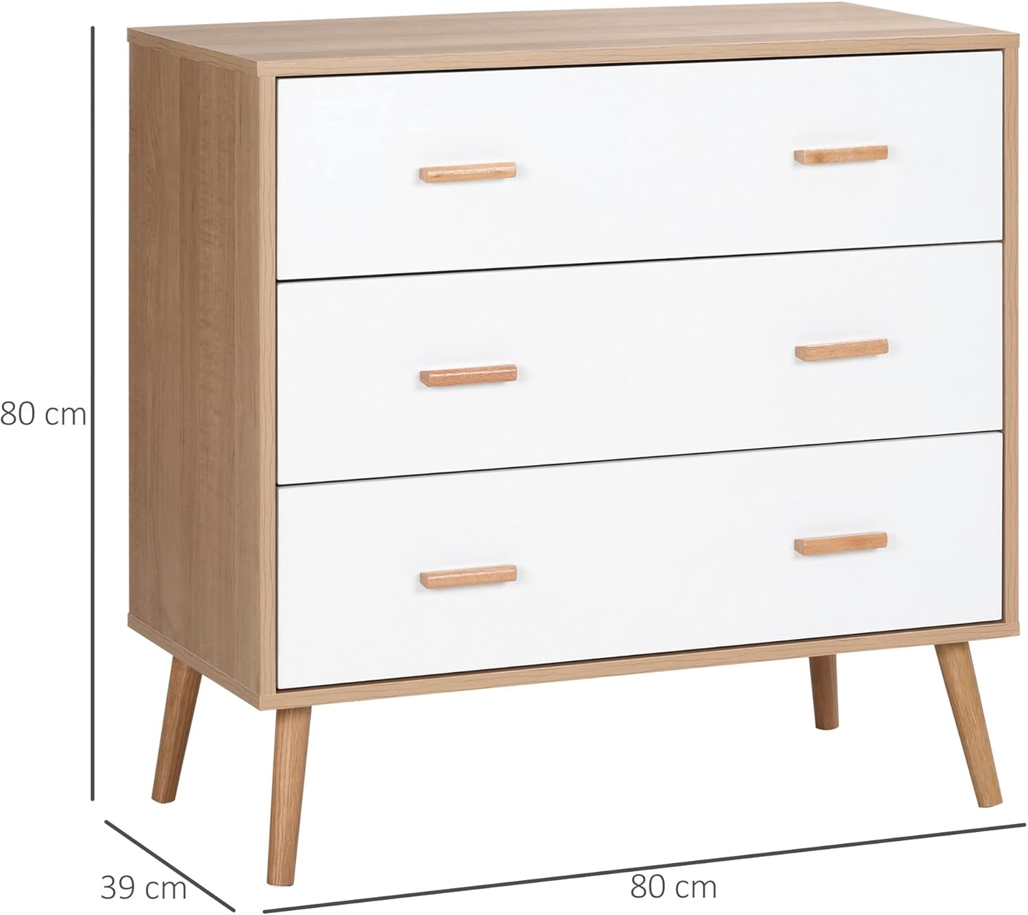 HOMCOM Chest of Drawers with 3 Drawers, Sideboard, Chest of Drawers, Cupboard, Multifunctional Cabinet, Living Room, Dining Room, Scandinavian Design, White and Natural, 80 x 39 x 80 cm - QUORE