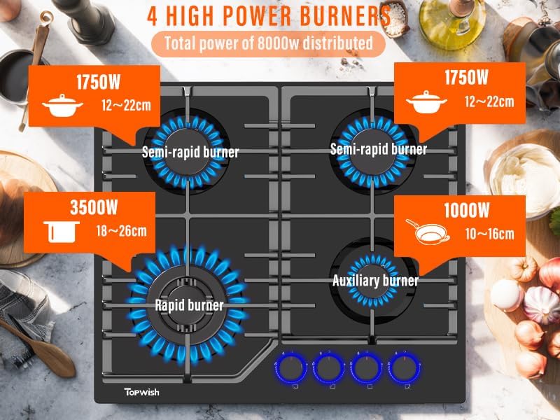 Gaskookplaat 4 Vlammen – Inbouw Gaskookplaat 60 cm – Gaskookveld 4 Vlammen – Gasfornuis Blauw Verlichte Knoppen – NG/LPG Omschakelbaar – Vlamblusbeveiliging – Automatische Ontsteking – 8000 W Vermogen