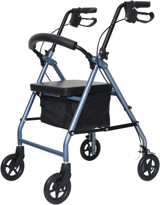 Opvouwbare rollator met gevoerde zitting, afsluitbare remmen, in hoogte verstelbare handgreep, 4 wielen