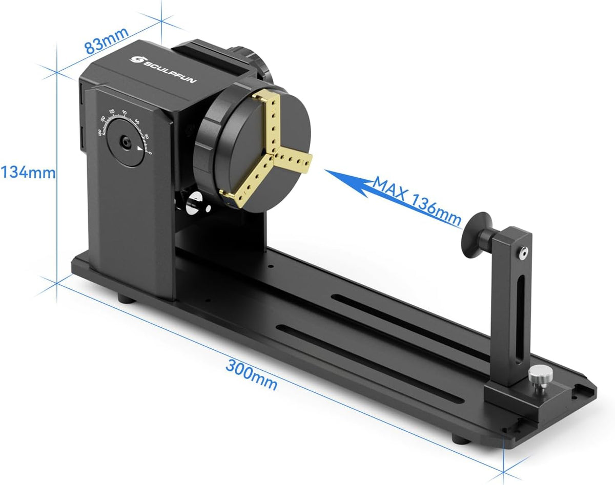 Rotatieklauw Voor Lasergraveermachine Zonder Rol – Rotatiemodule – Rotatieklem – Rotatiehouder – Y-As Rotatiemodule – 180° Instelbare Hoek – Geanodiseerde Aluminiumlegering Met Messing Klem