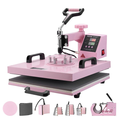 VEVOR Warmteoverdrachtsmachine, 380 x 380 mm, 8-in-1 hittepersmachine, trommelpers, 0,17 kg-0,85 kg, 360 graden oscillerende T-shirt-pers voor T-shirts/platen, roze