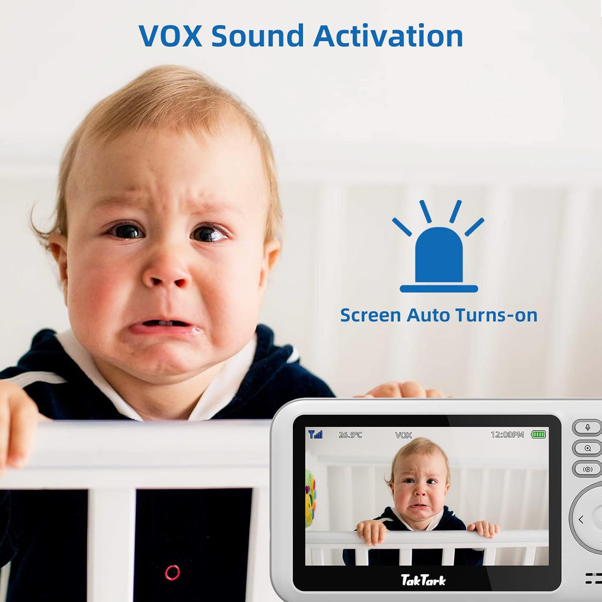 TakTark Babybewakingscamera, 11,9 cm (4,3 inch), draadloos, nachtzicht, VOX, bidirectionele communicatie, temperatuursensor, geen lichtstoringen, alleen beweging