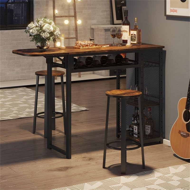 Bartafelset, bartafel met 2 barkrukken, eettafel, statafel met wijnglashouder en plank, keukentafel in industriële stijl, statafel voor bar, bistro en woonkamer (bruin)