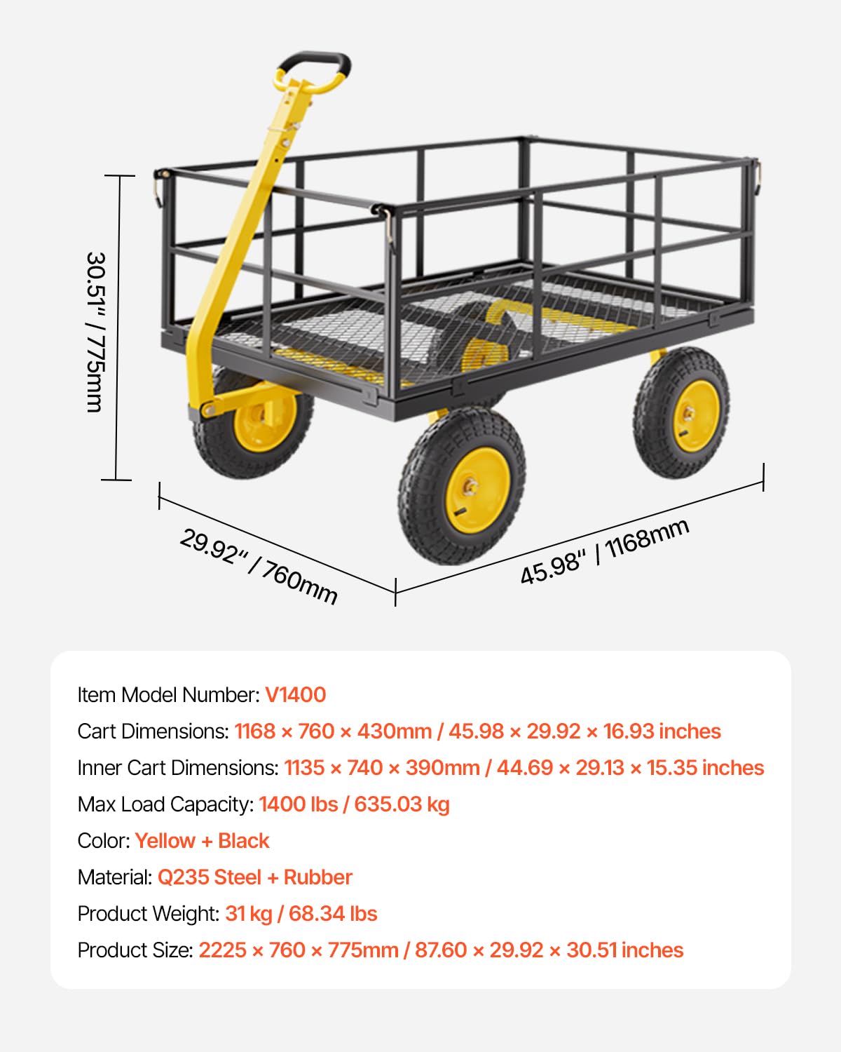 VEVOR Handcart 116.8 x 76 x 43 cm Transport Trolley Garden Trolley Tool Trolley 2-in-1 Hand Trolley with 13-Inch All-Terrain Tyres, Removable Mesh Side Panels and 180° Swivel Handle