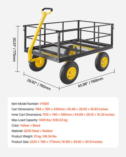 VEVOR Handcart 116.8 x 76 x 43 cm Transport Trolley Garden Trolley Tool Trolley 2-in-1 Hand Trolley with 13-Inch All-Terrain Tyres, Removable Mesh Side Panels and 180° Swivel Handle