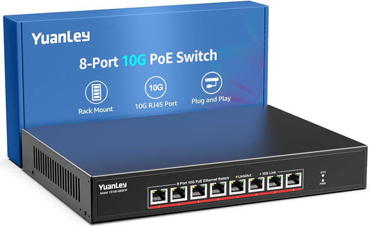 YuanLey 8-poorts 10G PoE Switch Unmanaged, 8 x 10G Base-T PoE-poorten, IEEE802.3af/at, 110W ingebouwd vermogen, compatibel met 1G/2.5G/5G/10G, metalen behuizing, rackmontage/wandmontage 10Gbe