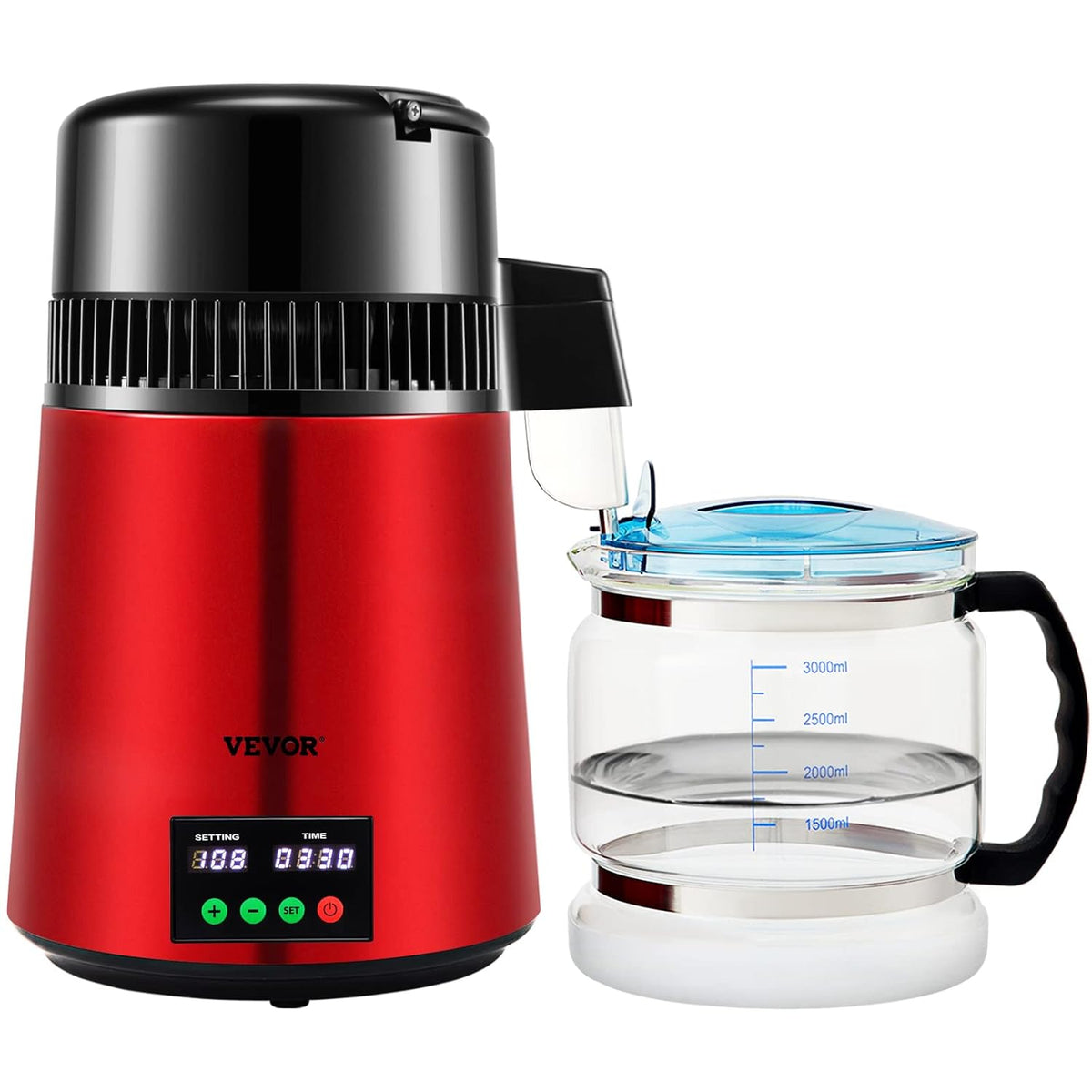 VEVOR Water Distiller 1L to H Household Red Water Distiller Produce Distilled Water 750W, Double Screen Stainless Steel Distiller Plant with Glass Jar Distilling Pure Water
