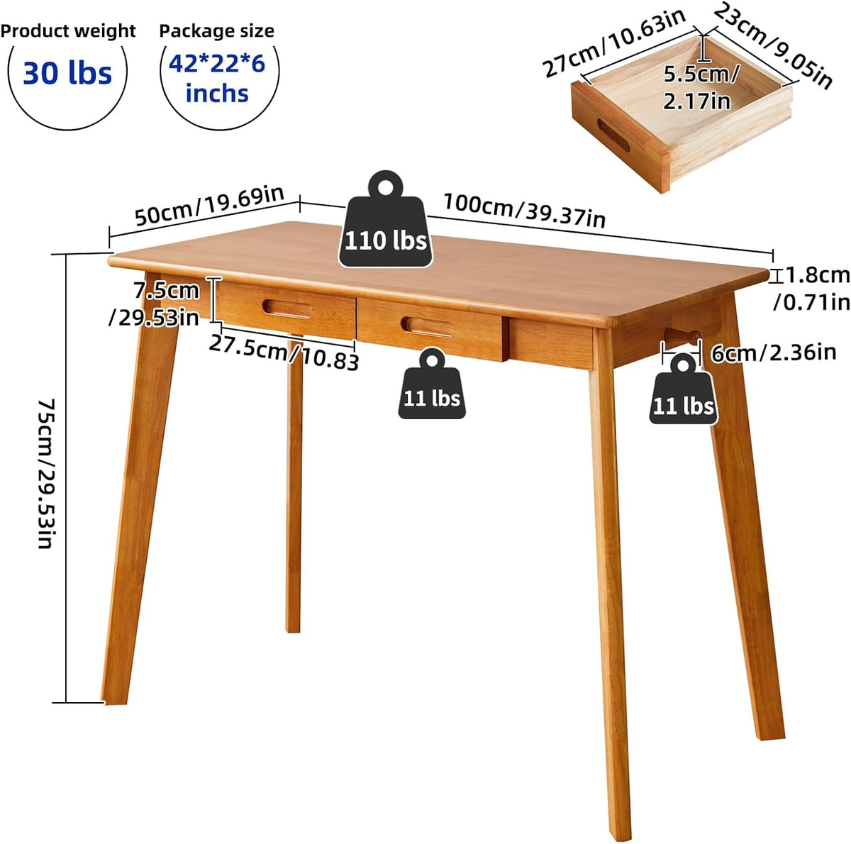 Wood Writing Desk met Lade en Hangende Staaf, Kleine Computerbureautafel, 39x20x30inch Werkbureau, Studiebureau, Kleine Houten Eettafel Kersenhout Kleur YD-WD01N