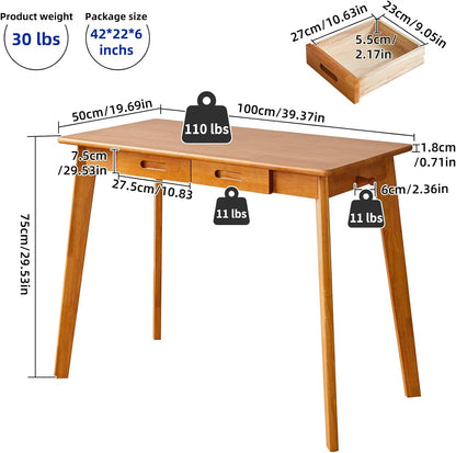 Wood Writing Desk met Lade en Hangende Staaf, Kleine Computerbureautafel, 39x20x30inch Werkbureau, Studiebureau, Kleine Houten Eettafel Kersenhout Kleur YD-WD01N