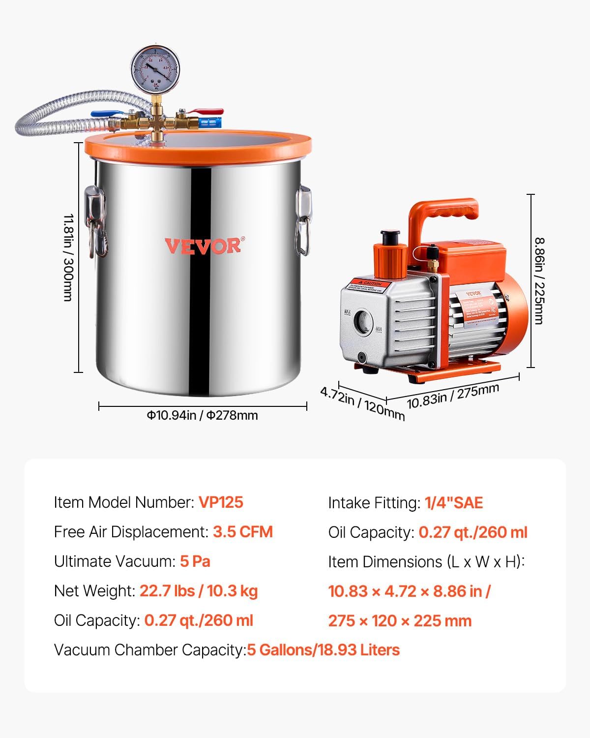 VEVOR 5 gallon vacuum chamber and 3.5 CFM pump kit, stainless steel chamber, single stage vacuum pump degassing chamber kit, with acrylic lid, oil, 1.5m hose, for degassing resin silicone epoxies