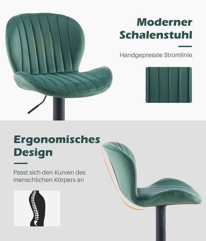 TUKAILAI Barkruk, set van 2 van fluweel, barstoel, in hoogte verstelbaar, 360 graden draaibaar, kruk met rugleuning, voetensteun, metalen frame, gevoerde keukenkruk, barstoel voor keukenbars, groen