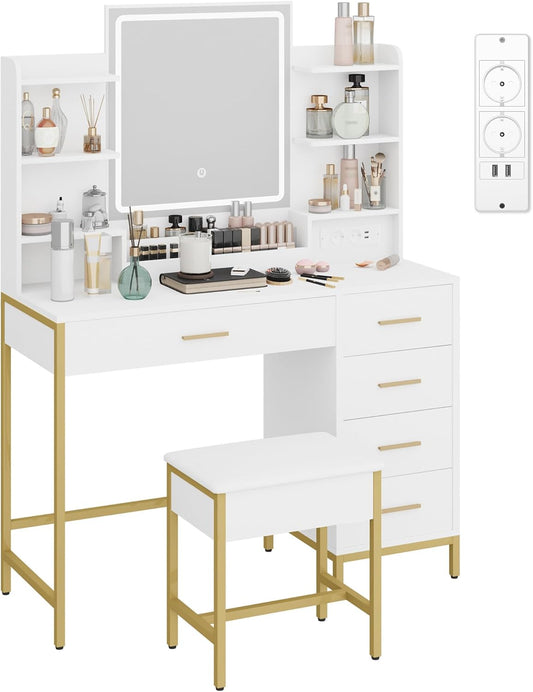 Hzuaneri Dressing Table, Dressing Table, Soft Stool, HD Mirror and Adjustable LED Lighting, Socket And USB Connection, 5 Drawers, Open Storage Compartment, Modern Style, White GoldDT351HDT