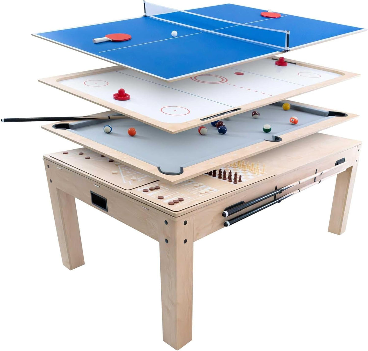 7-in-1 Multigame Table Wood Finish Billiard Table Tennis Air Hockey Chess Backgammon Shuffleboard Multisport Game Set Indoor Party Entertainment Home Office Adults Children Accessories - QUORE