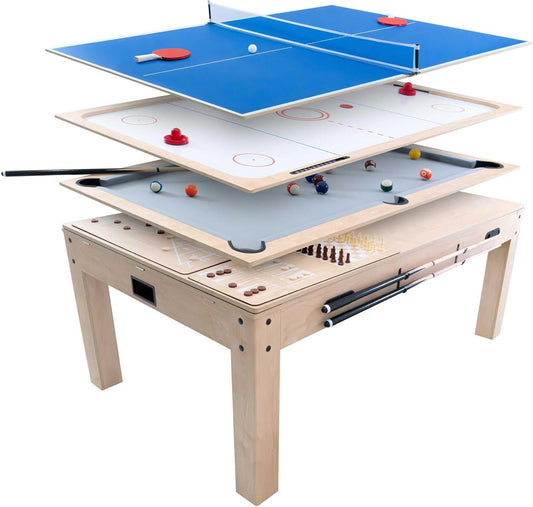 7-in-1 Multigame Table Wood Finish Billiard Table Tennis Air Hockey Chess Backgammon Shuffleboard Multisport Game Set Indoor Party Entertainment Home Office Adults Children Accessories - QUORE