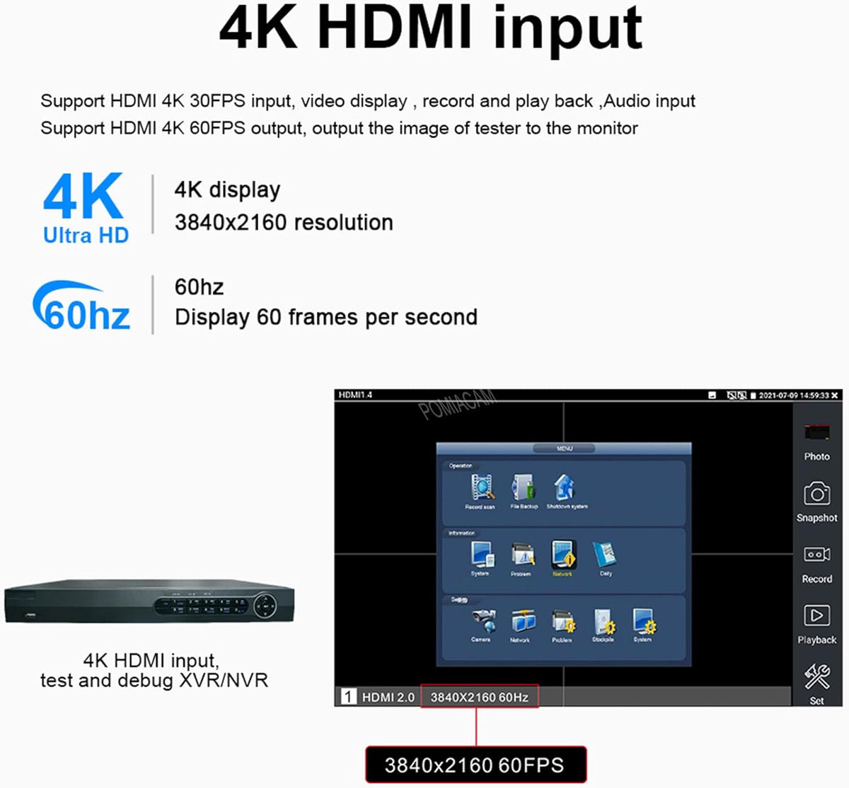 8K IP Camera Tester Multifunctionele CCTV Tester 8 inch scherm 8K H.265 8MP TVI/CVI/AHD/SDI/CVBS Kabel Tester DMM TDR VFL Ondersteuning 55V POE++, SFP poort HDMI & VGA (Model: H12CLMOVTADHSEF)