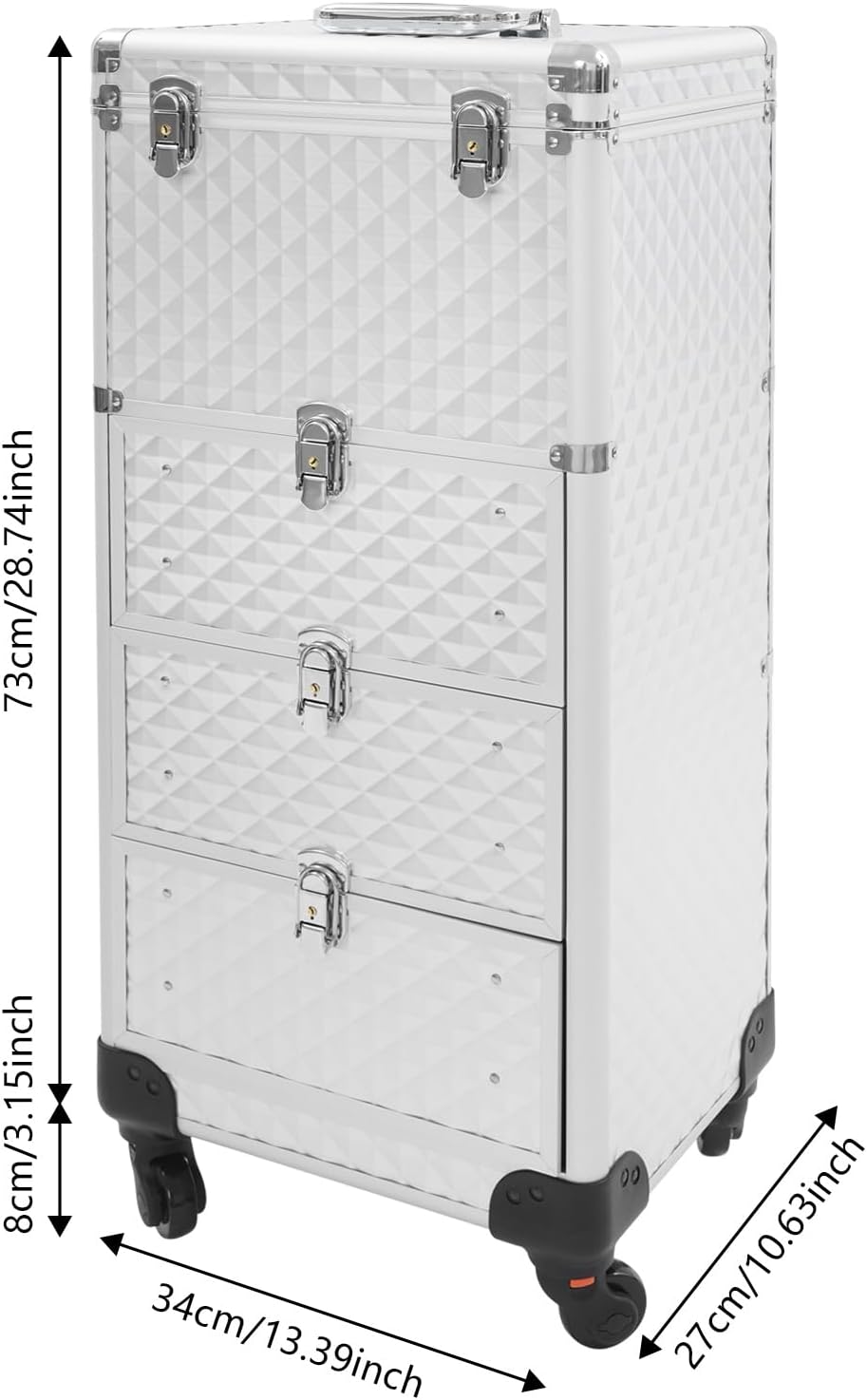 OUKANING Professional Makeup Case Trolley with Lock 3 Drawers and Telescopic Handle Shockproof Aluminium Cosmetic Case with 4 Wheels for Makeup Artists Travel Salon (Silver, Water Cube Pattern - QUORE