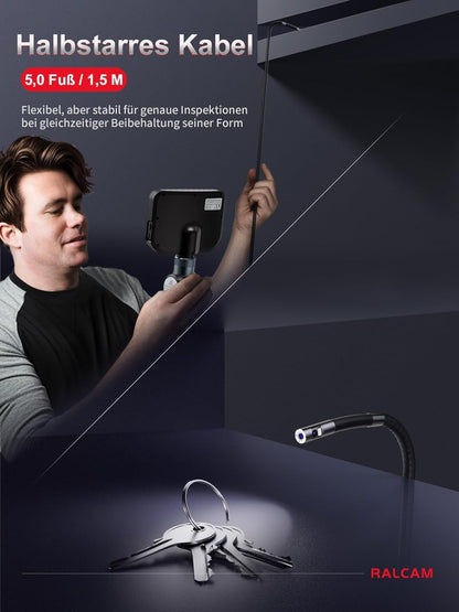 Ralcam Endoscoopcamera met licht, endoscoopcamera met 180° beweegbare kop, 6,5 mm dual-sonde, 5 inch HD-display, inspectiecamera, IP67 waterdicht, buiscamera met 1,5 m halfstijve kabel en 6 + 1 leds