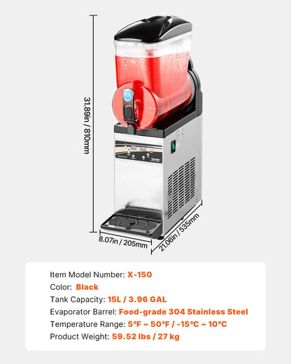 VEVOR Commerciële IJsdrankenmachine, 15 liter roestvrij staal, slush-mixer voor feestjes, restaurants, cafés, bars