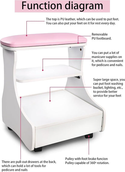 Pedicure voetsteun met wielen Roze/Wit – Manicure voetsteun – Voetsteun voor salon – Pedicure voetbank – Voetsteun met opbergruimte – Verwijderbare PU-bekleding – 4 zwenkwielen met rem