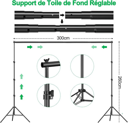 EMART Fotostudio-set, 2,6 m x 3 m, fotostudio achtergrondsysteem met 3 achtergronden + standaard + softbox set + reflector 5-in-1 + paraplu's voor fotostudio, productportret, video fotografie