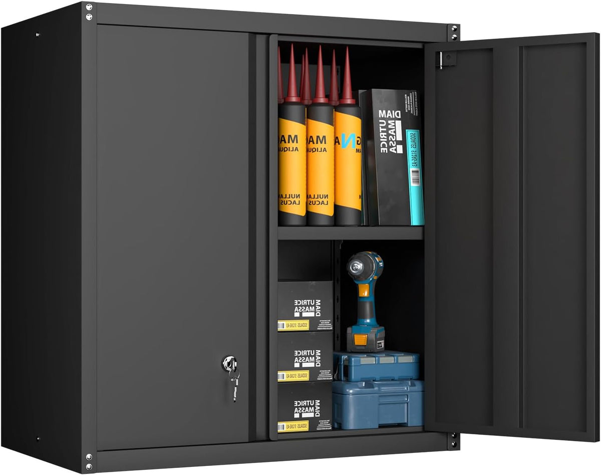 GREATMEET Metal Hanging Cabinet, Tool Cabinet with Swing Door, Wall-Mounted Garage Storage Cabinets with 1 Adjustable Shelf and 2 Doors, Steel Cabinet for Garage, Office and Home, Black - QUORE