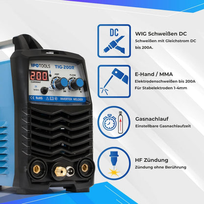 IPOTOOLS TIG-200R WIG lasapparaat DC - TIG WIG lasapparaat, 200 ampère, volledig digitaal inverter, lasapparaat met digitaal lcd-display, HF-ontsteking, MMA E-hand, IGBT, 7 jaar garantie