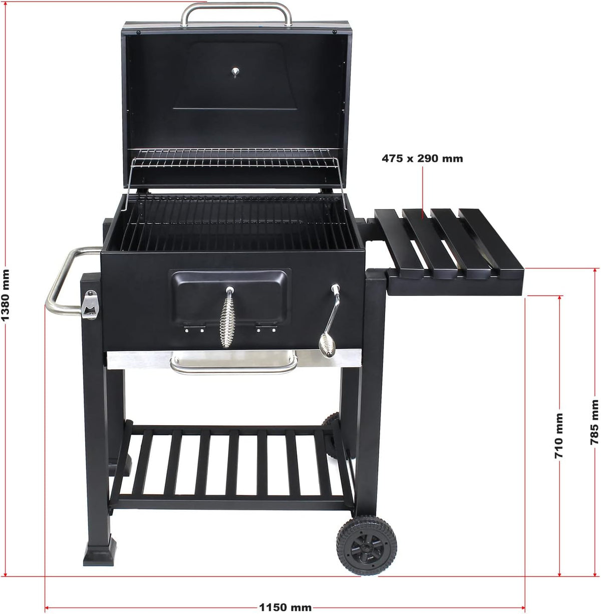 Wiltec barbecue trolley met deksel, houtskool BBQ met legplank en brandklep, grillwagen op wielen met hoogteverstelling inclusief thermometer