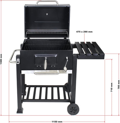 Wiltec barbecue trolley met deksel, houtskool BBQ met legplank en brandklep, grillwagen op wielen met hoogteverstelling inclusief thermometer