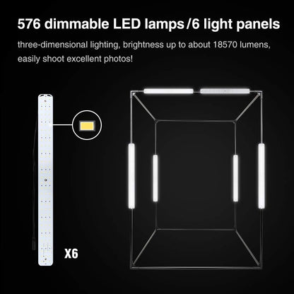 Draagbare opvouwbare lichttent, 140 x 120 x 100 cm, met 576 dimbare ledverlichting en 3 gekleurde achtergronden voor fotografie