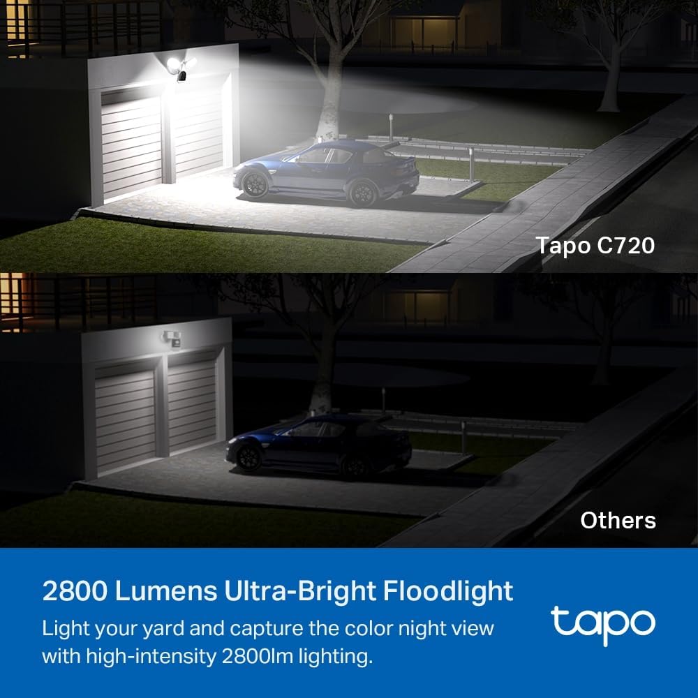 TP-Link Tapo Floodlight Outdoor Security WiFi-camera, draadloos, 2800lm ultrahelder, 2K QHD, IP65, 270° beweging, full colour nachtzicht, slimme AI-detectie (Tapo C720)