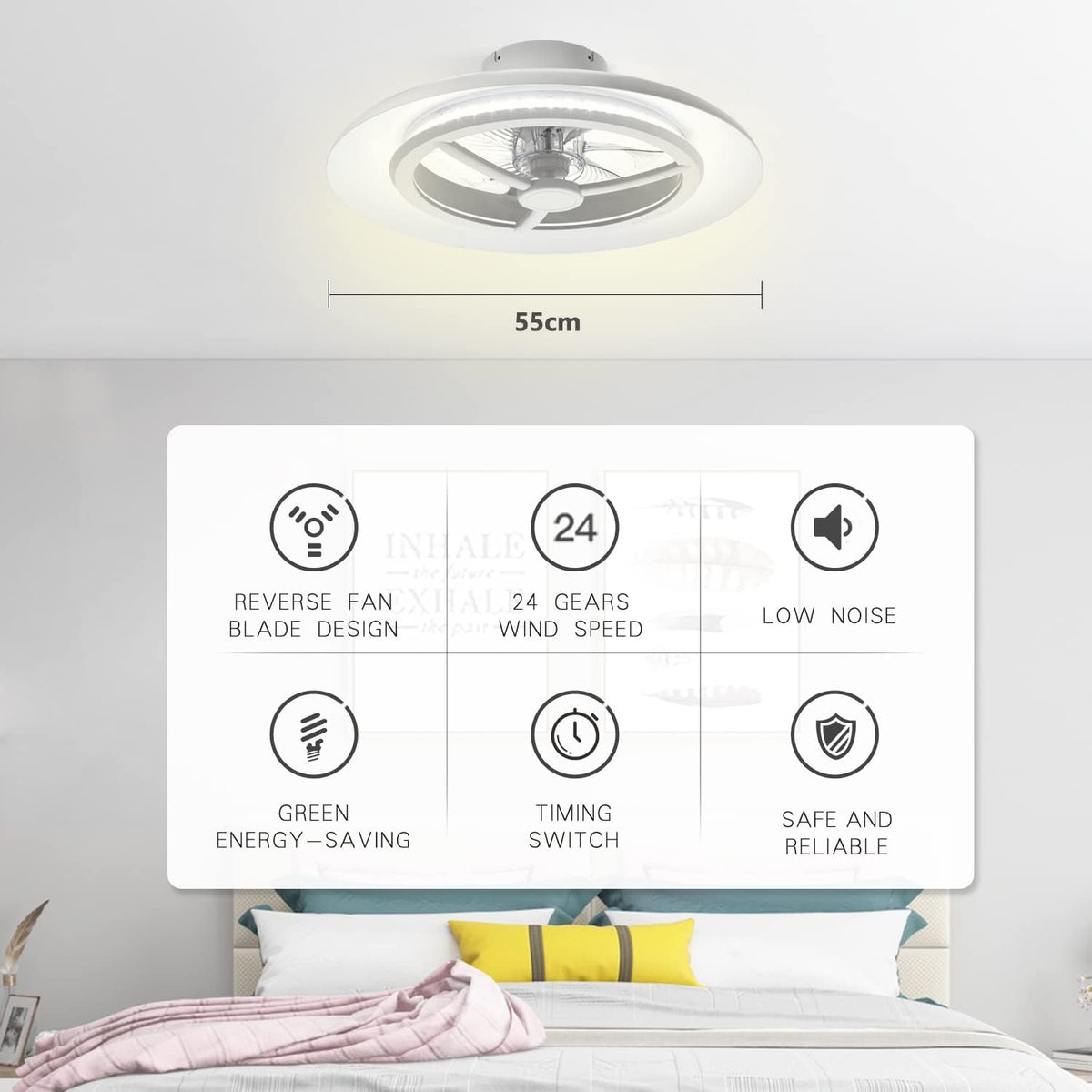 Smart led-plafondlamp met ventilator, plafondventilatorlampen zonder lampenkap, windsnelheden instelbaar, dimbaar licht, moderne ventilatorverlichting, 3000-5500 K
