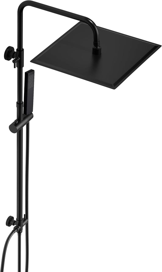 Douchesysteem – Regendouche – Doucheset – Douchekolom – Handdouche – Mat Zwart – Roestvrij Staal – Verstelbare Hoogte 74-114 cm – Grote 30x30 cm Ultra-Dunne Douchekop