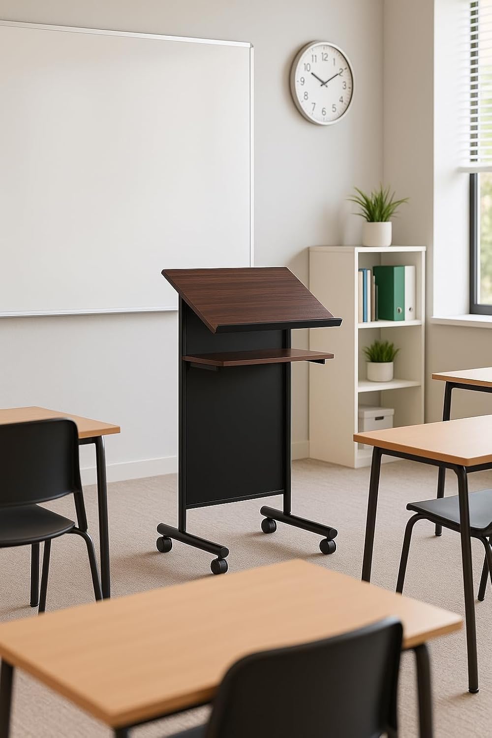 Audio-Visual Direct Lessenaar Podium op wielen - sta-bureau met opbergplank - kers/zwart - ideaal voor presentaties en laptopgebruik