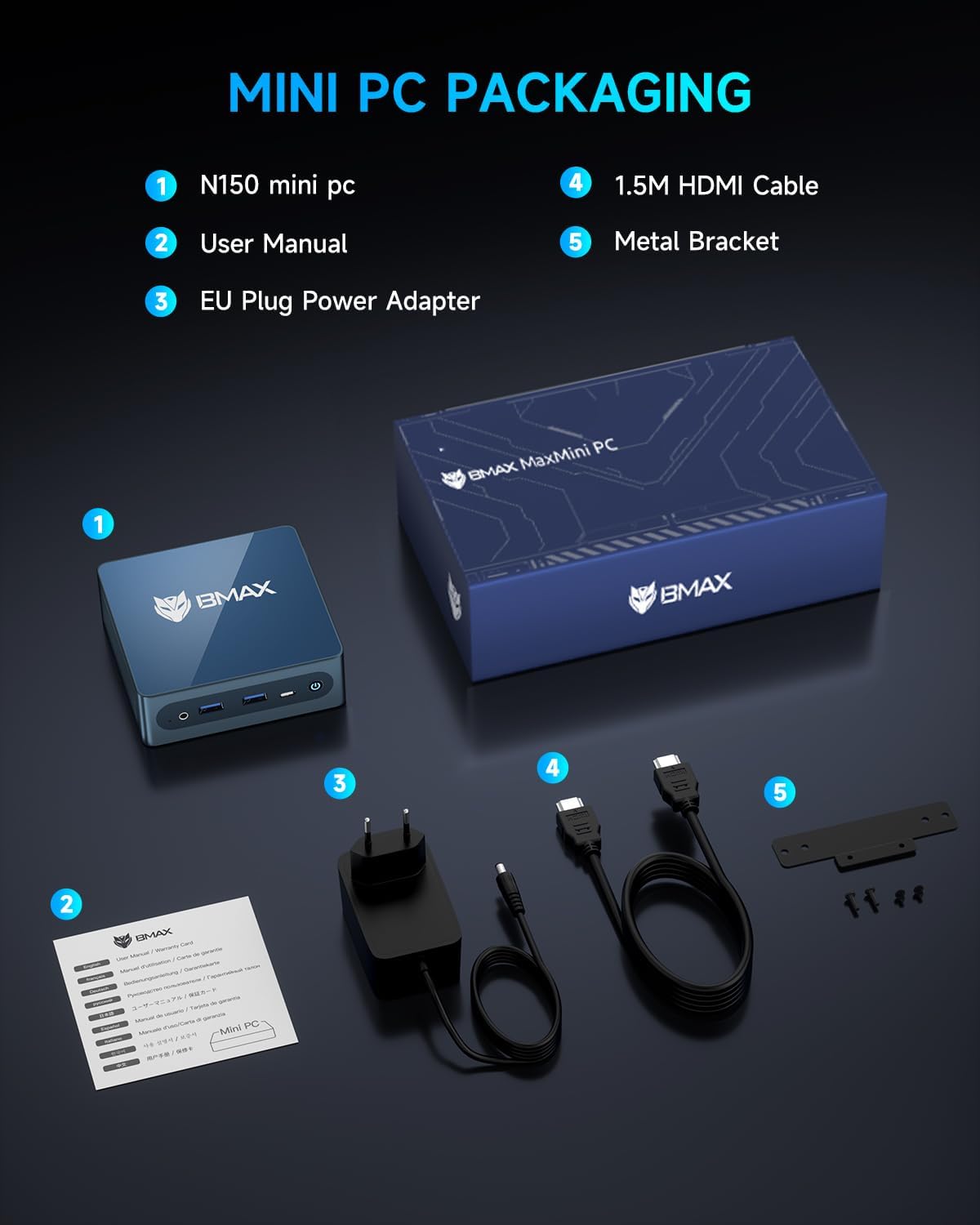 BMAX Büro Mini PC W-11 Pro Intel N150 (Overtreft N95/N97, tot 3,6 GHz), 12 GB LPDDR5 512 GB SSD Mini Desktop Computer, Micro PC Dual Display HDMI DP 4K@60Hz RJ45 Gigabit Ethernet/Dual-Band WiFi