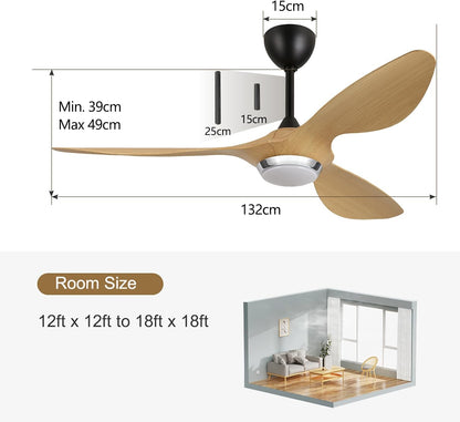 reiga 132cm Moderne Binnenplafondventilator met Lampen en Afstandsbediening, 3 ABS-bladen in Origineel Houtkleur, Dimbaar LED-verlichting, Werkt met Alexa/Smart Life