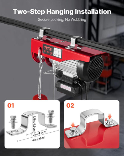 VEVOR Electric Hoist with Double Cable, Max Load 600kg, Cable Remote Control 4.2m, Single Cable Lifting Height 12m, Pulley Emergency Stop, Jack for Garage, Warehouse, Factory
