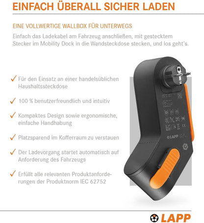 Lapp Mobility dock/mobiele EV oplader voor het huishoudelijk stopcontact/noodlader voor e-auto's/draagbare e-autolader voor onderweg/oplader voor elektrische en plug-in/IP44