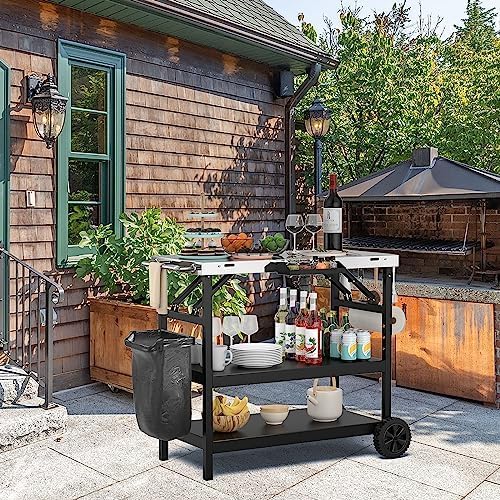 Grilltafel met 3 planken, grillwagen met verstelbare plank, telefoonstandaard, kruidenrek, handdoekhouder, zakdoekhouder en haken, outdoor serveerwagen bijzettafel