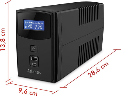 Atlantis A03-S1000P Ononderbroken stroomvoorziening, pseudosinusgolf, 1000 VA, 600 W, Line Interactive, LCD-display, Dual Front USB-poort, 2 Schuko-uitgangen, geïntegreerde Alim-kabel, USB, 1 accu 12