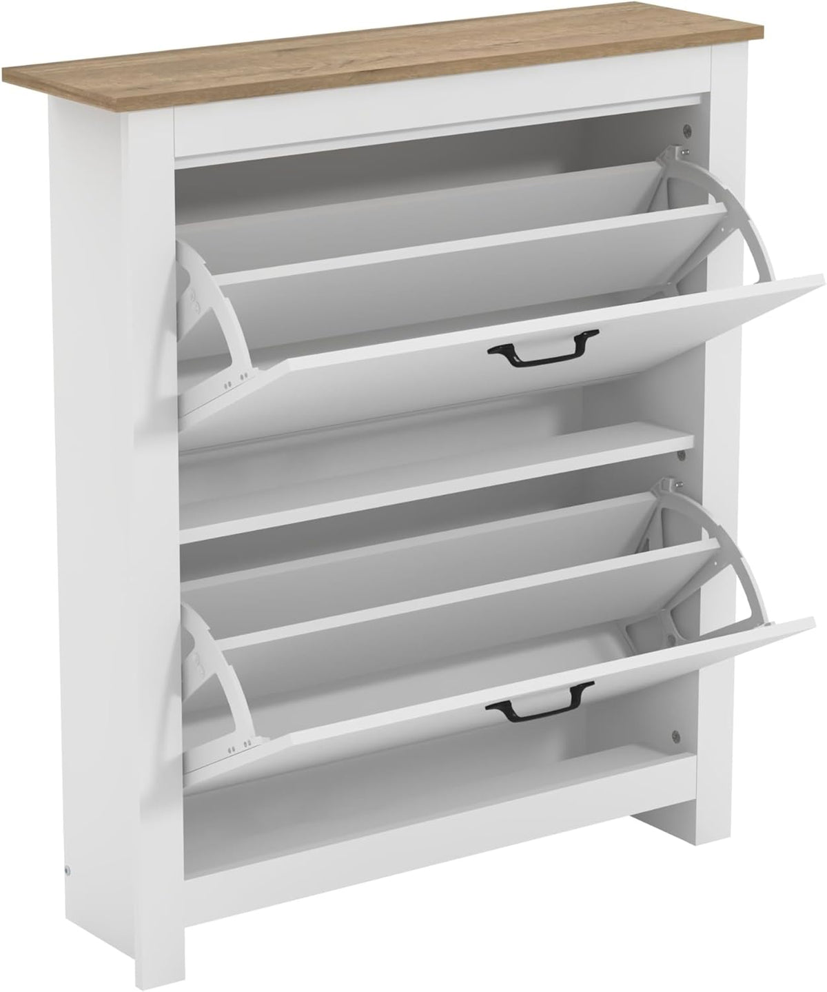 Galano Laverton 2-laags flip-down schoenenkast, slanke moderne schoenopbergkast voor hal, slaapkamer of woonkamer (wit/eiken)