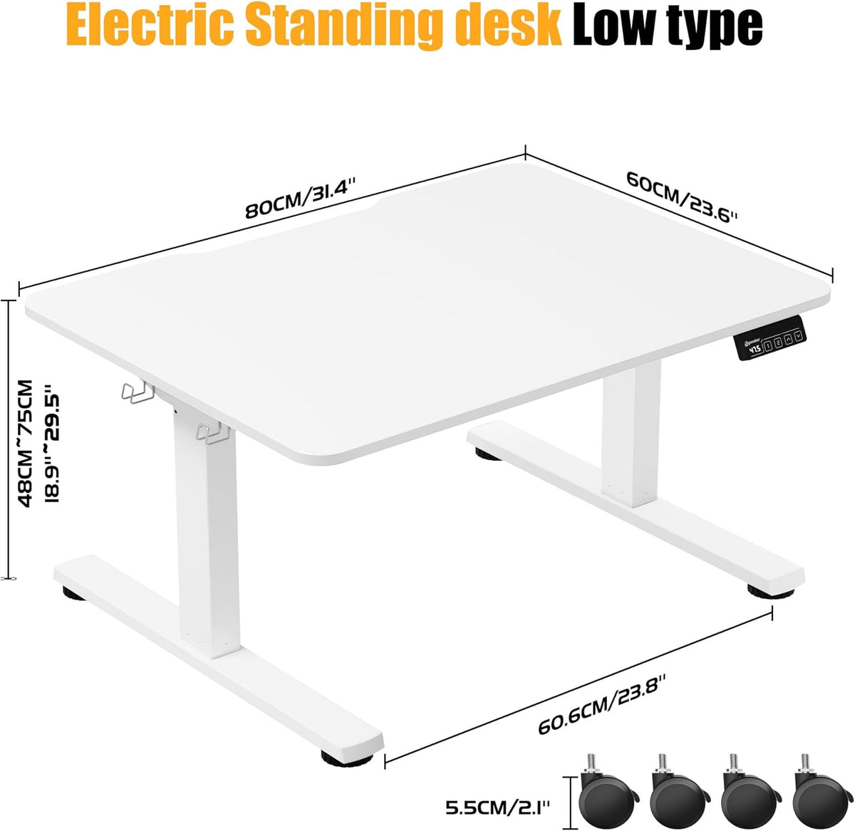 ERGOMAKER Elektrisch sta-bureau 80x60 cm, lage hoogte 48-75 cm, in hoogte verstelbaar bureau met wieltjes en haken, zit-sta-tafel met geheugenfunctie voor thuiswerken, Wit