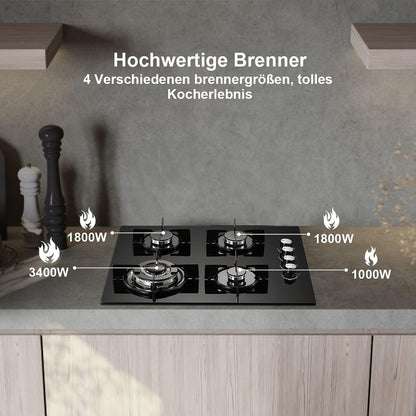 Gaskookplaat 4 Pits – Gasfornuis – Kookplaat – Inbouwkookplaat – Glaskeramische Kookplaat – 8000 W Vermogen – Veilig Elektronisch Ontsteking
