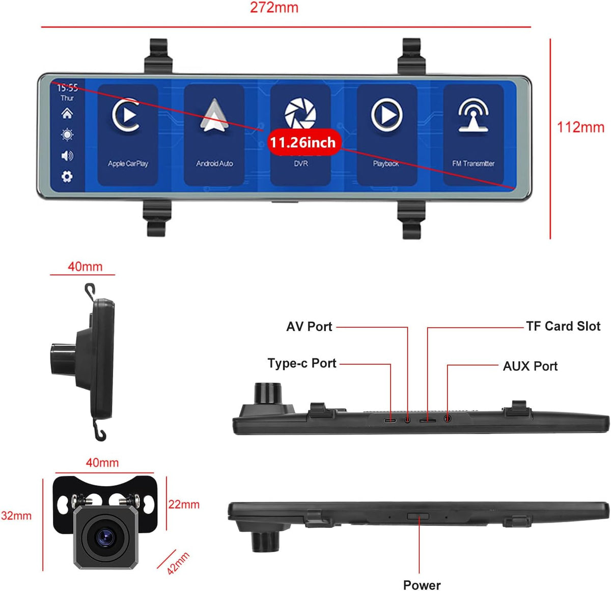 Podofo spiegel dashcam met achteruitkijkcamera met Apple Carplay Android Auto 11,26 inch IPS touchscreen Dual 1080P achteruitkijkspiegel dashcam dashcam auto, 2 gedeelde schermen, Bluetooth