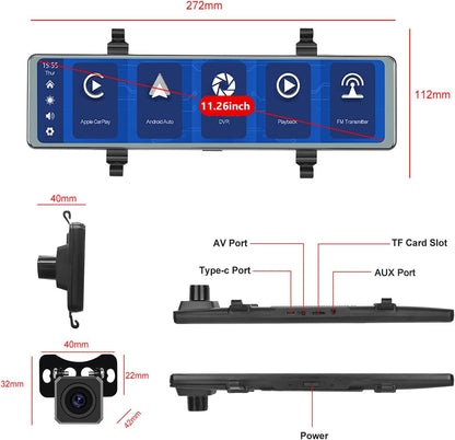 Podofo spiegel dashcam met achteruitkijkcamera met Apple Carplay Android Auto 11,26 inch IPS touchscreen Dual 1080P achteruitkijkspiegel dashcam dashcam auto, 2 gedeelde schermen, Bluetooth