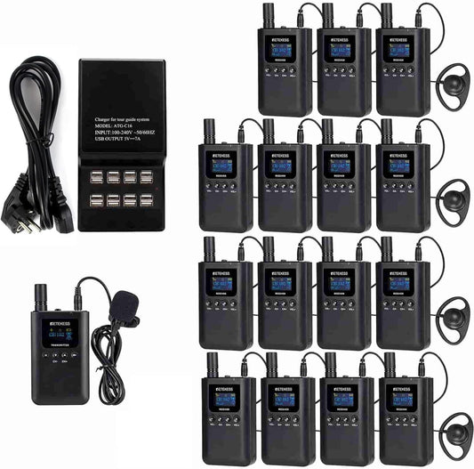 Retekess TT125 Audiotourgidssysteem, 180 m Lange Batterijlevensduur Audiodescriptiesysteem met TT002 16-Slots Opladerbasis, voor Toerisme, Fabriek, Conferentie, Kerk, Universiteit, Training