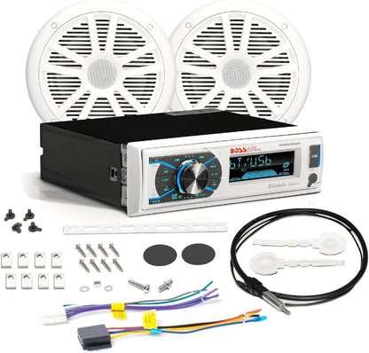 KIT SET MARINE VOOR BOSS AUDIO SYSTEMS MCK632WB.6 met MR632UAB AM/FM bluetooth stereo-ontvanger, een paar MR6W-luidsprekers, 90 watt rms 180 watt max, MRANT10 dipoolantenne, 1 kit + accessoires