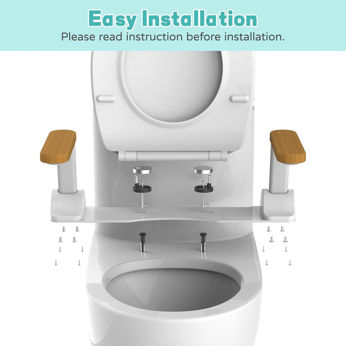 Toiletveiligheidsrails, Opvouwbare Toiletbrilverhoger met Handgrepen, Robuuste Toiletsteun Zonder Boren, Toiletsteunframe, Toiletgreep voor Gehandicapten, Toiletframe Vrijstaand (Hout)