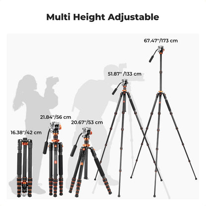 K&F CONCEPT Camerastatief van koolstofvezel, 173 cm, fotostatief met hydraulische kop ± 90 graden, videostatief monopod 182 cm met Arca Swiss voor DSLR, Max 5 kg, O255C4+FH-03