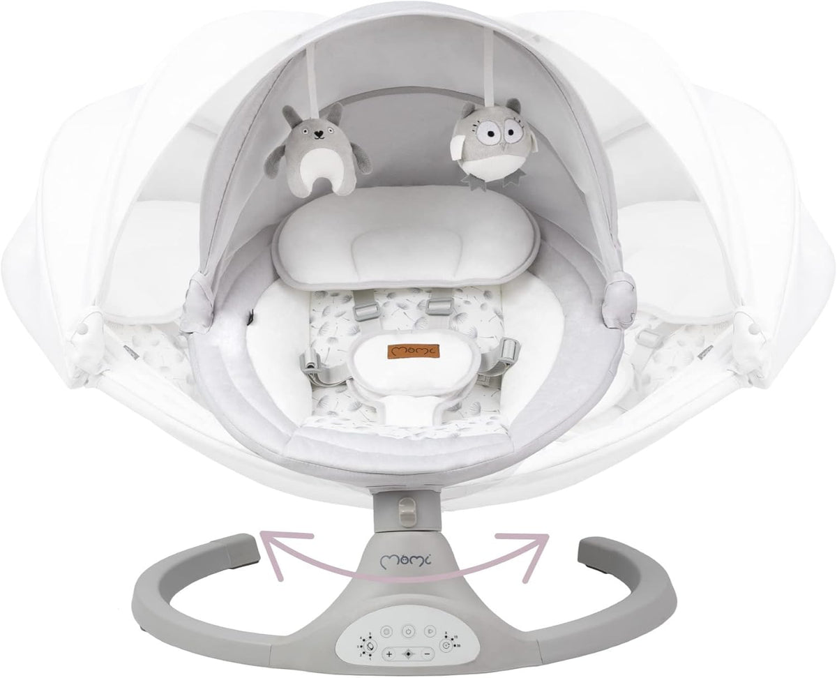 MOMI KENANI Rocking Chair for Children up to 9 kg Weight Foldable with Remote Control and Bluetooth for Connecting to Smartphone, Batteries and Mains with 5-Point Safety Belt - QUORE