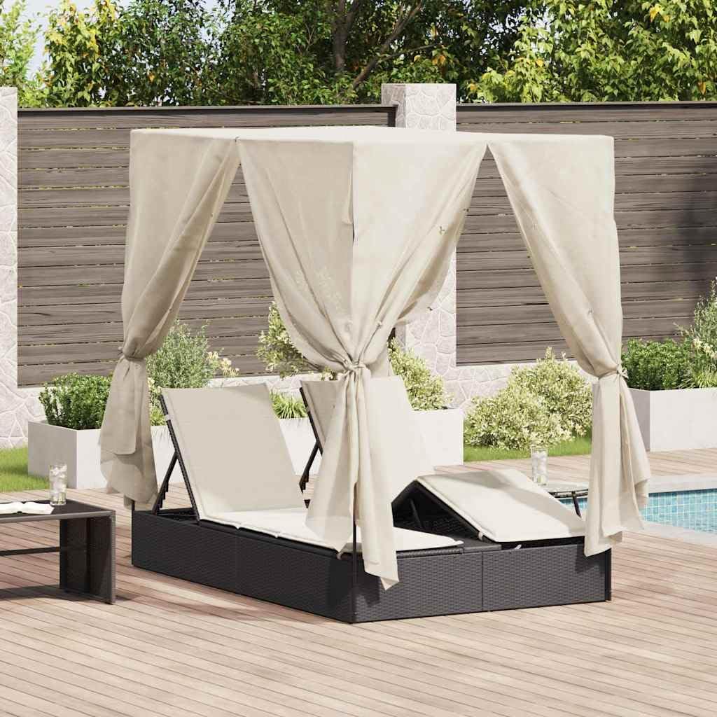 vidaXL Lounger 2-person with roof and curtains poly rattan black - QUORE